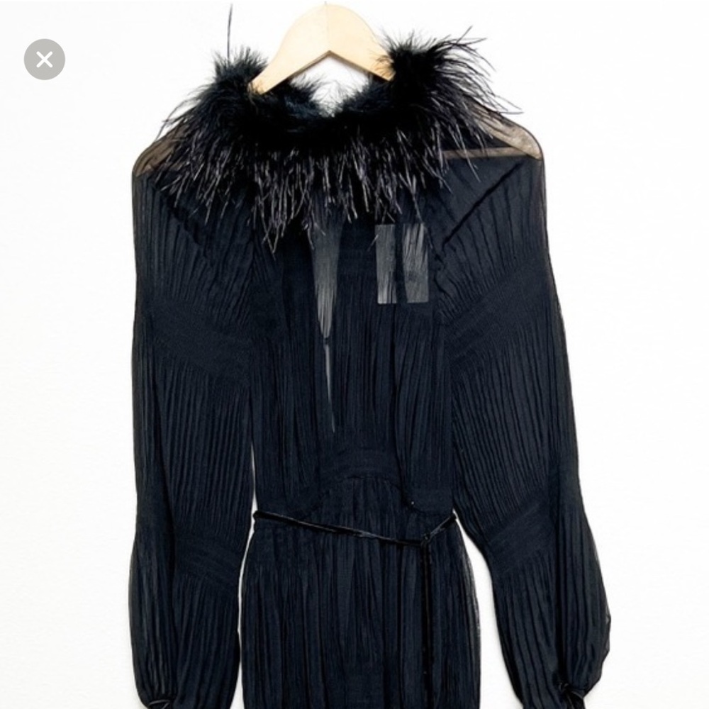 NWT Gibson Latimer Feather Mock Neck Long Sleeve Velvet Bow Pleated Maxi Dress S